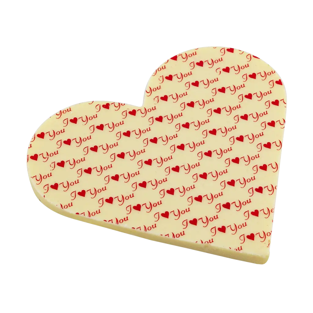 Biela čokoláda v tvare srdca so vzorom I Love You
