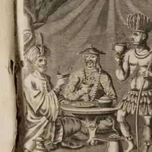 Obrázok zobrazujúci pitie nápoja historickými postavami